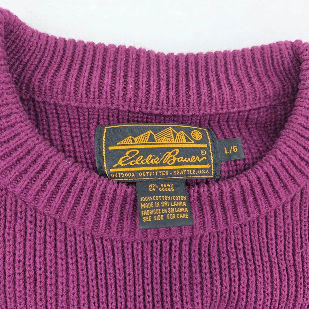 VTG Eddie Bauer Chunky Knit Sweater Men's Sz Large Burgundy Cotton Crewneck - Picture 6 of 10